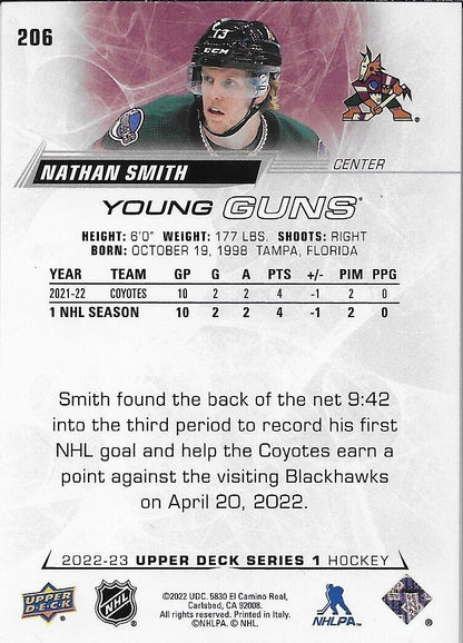 Signed Nathan Smith Young Guns 22-23 UD Arizona Coyotes Autographed Rookie Card