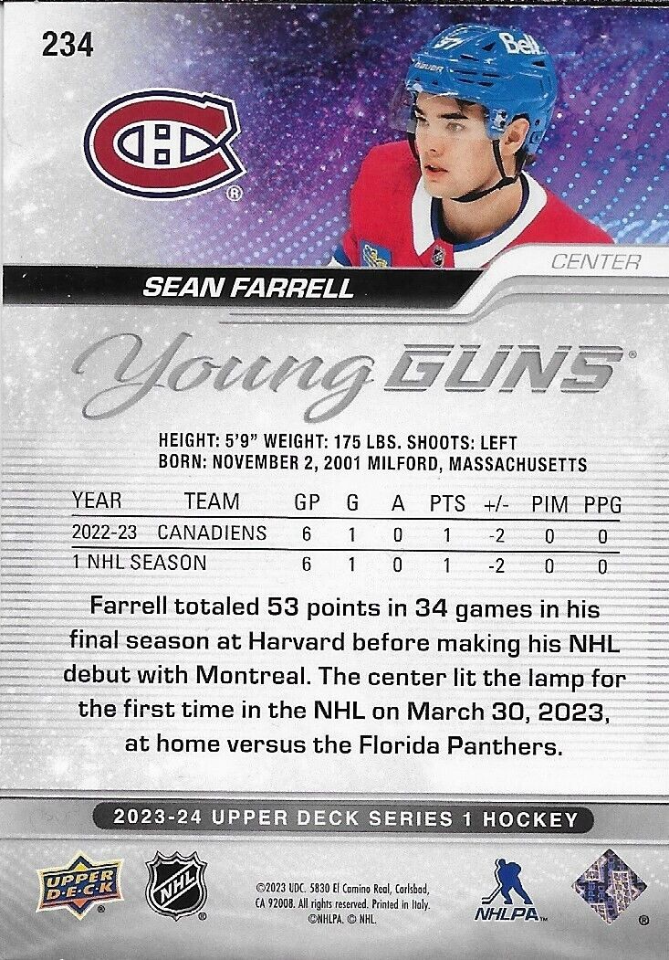 Signed Sean Farrell Young Guns 2023-24 UD Montreal Canadiens Rookie Card