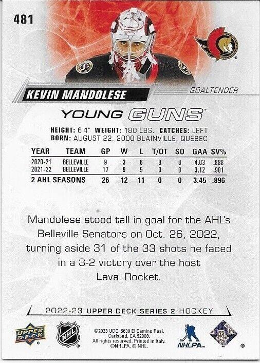 Autographed 22-23 UD Ottawa Senators Young Guns Kevin Mandolese  Rookie Card