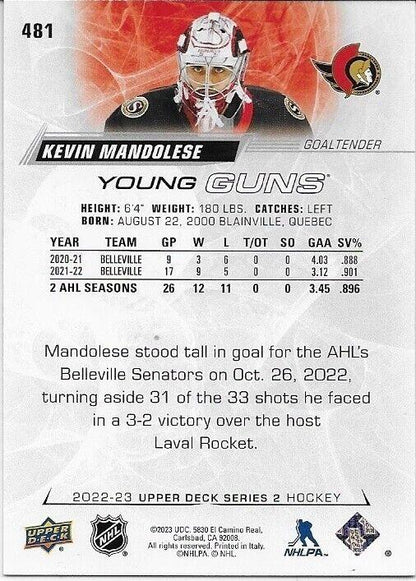 Autographed 22-23 UD Ottawa Senators Young Guns Kevin Mandolese  Rookie Card