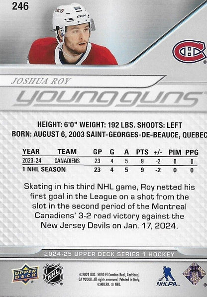 Carte recrue signée Joshua Roy 24-25 UD Young Guns Canadiens de Montréal 2 Original