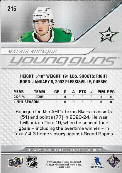 Carte Rookie signée Mavrik Bourque 2024-25 UD Young Guns Dallas Stars Original