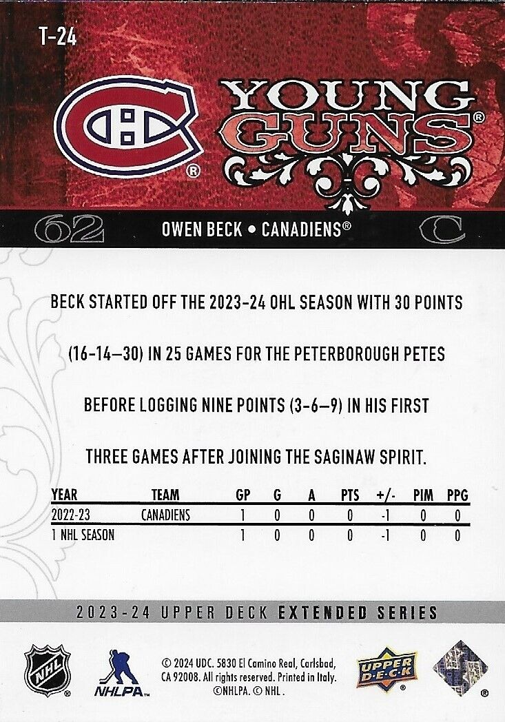 Signed Owen Beck Young Guns 23-24 UD Extended Series Montreal Canadiens Rookie