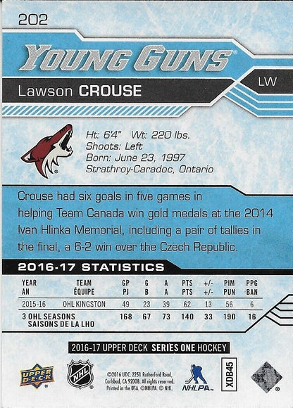 Carte de recrue signée Lawson Crouse Young Guns 2016-17 UD des Arizona Coyotes