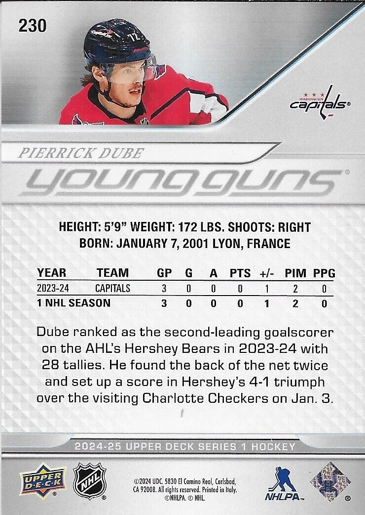 Signed Pierrick Dube Young Guns 2024-25 UD Washington Capitals Rookie Card