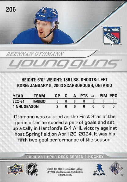 Signed Brennan Othmann Young Guns 2024-25 UD New York Rangers Rookie Card