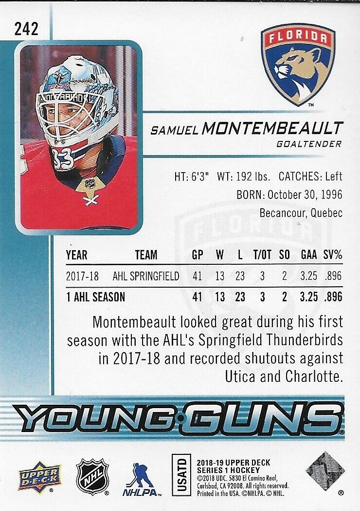 Signed Sam Samuel Montembeault 18-19 UD Young Guns Florida Panthers Rookie Card
