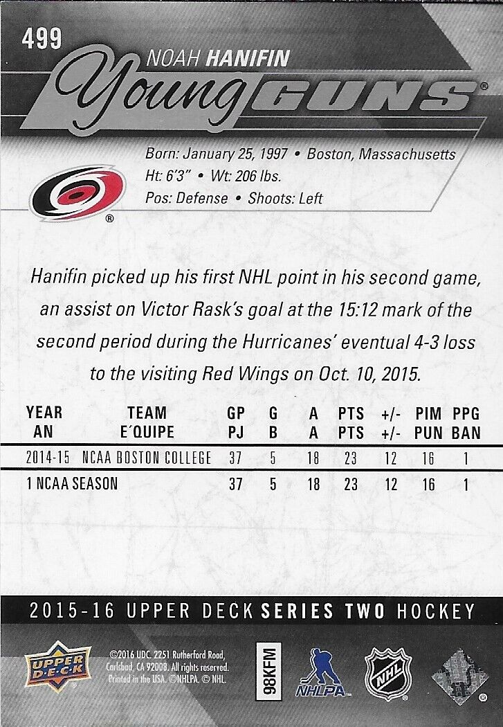 Signed Noah Hanifin 2015-16 UD Young Guns Carolina Hurricanes Rookie Card