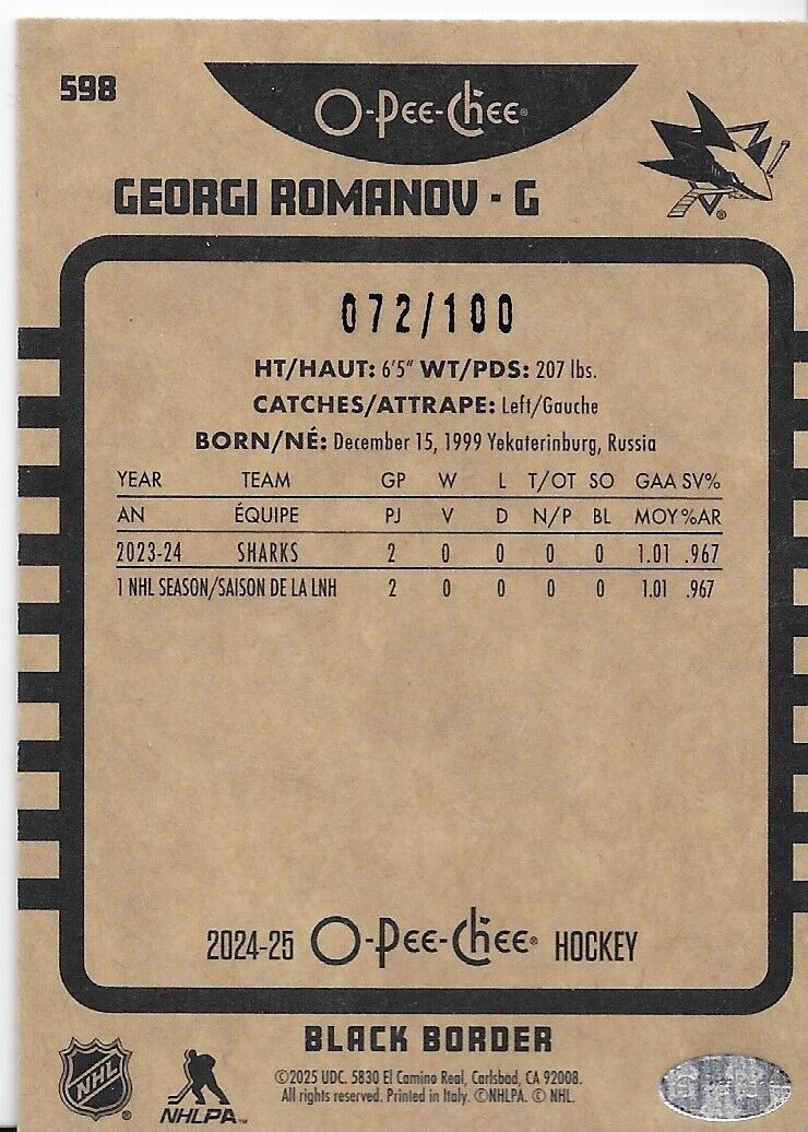 2024-25 O-Pee-Chee Georgi Romanov Retro Black Border RC San Jose Sharks 072/100
