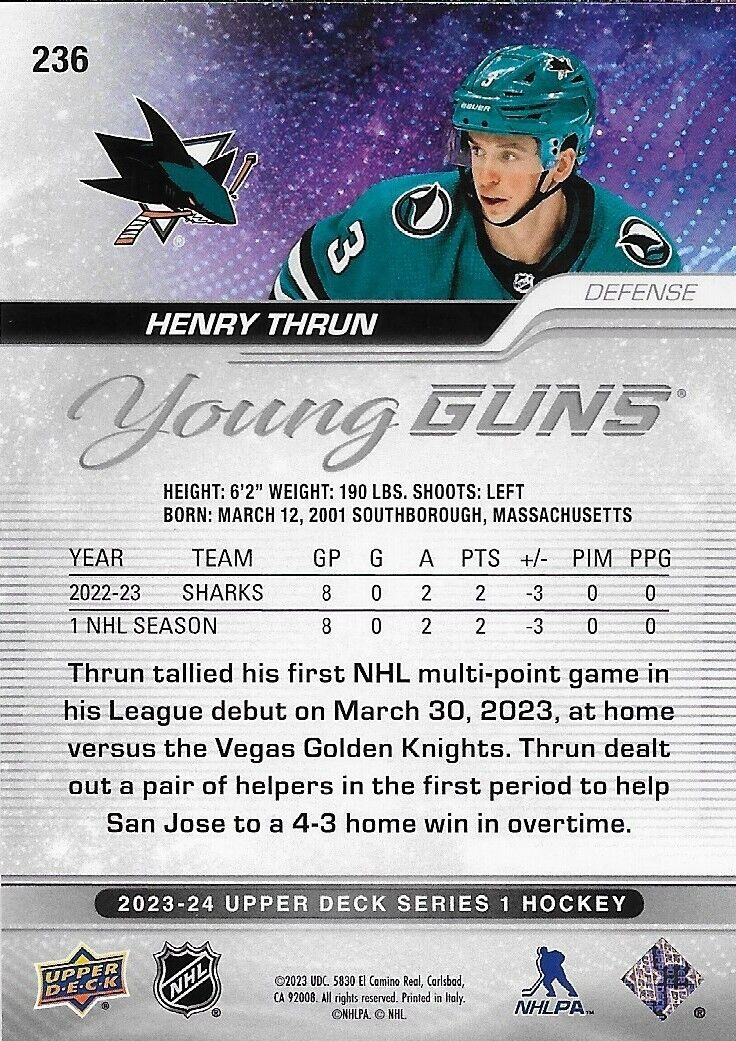 Signed Henry Thrun 2023-24 UD Young Guns San Jose Sharks Rookie Card