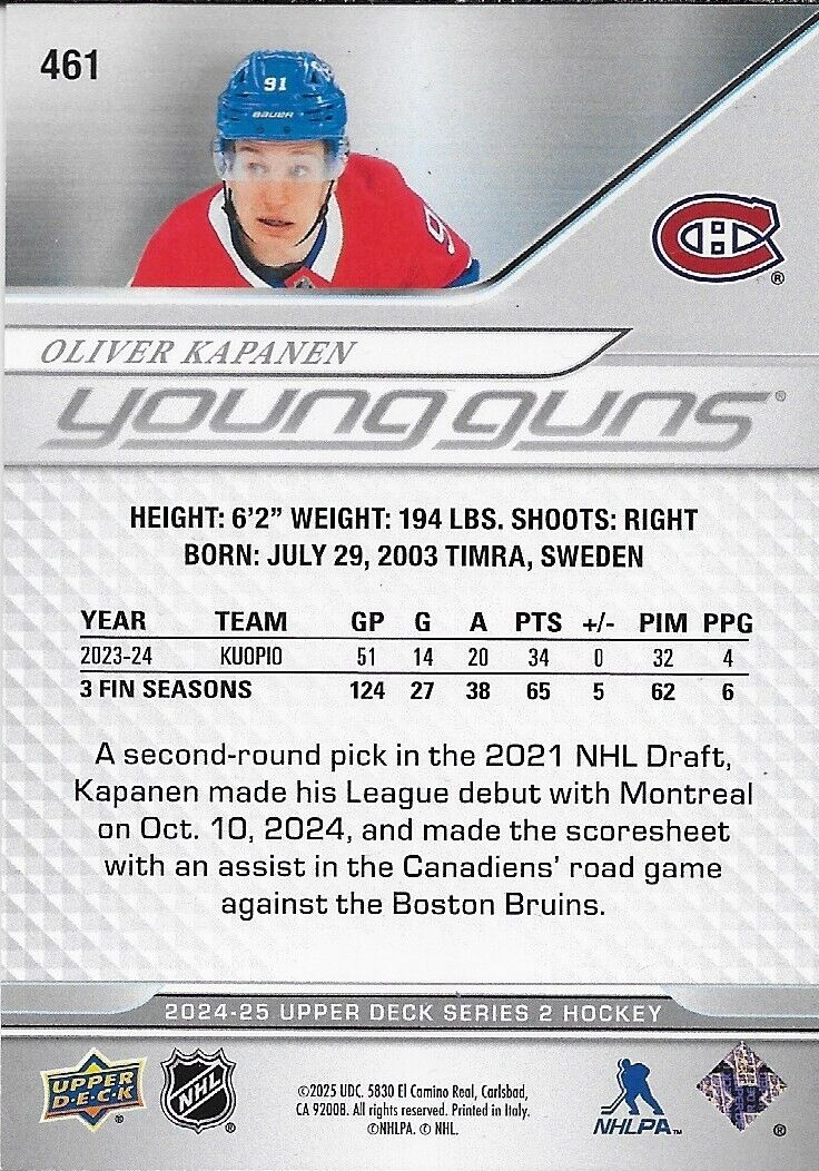 Signed Oliver Kapanen 2024-25 UD Young Guns  Montreal Canadiens Rookie Card