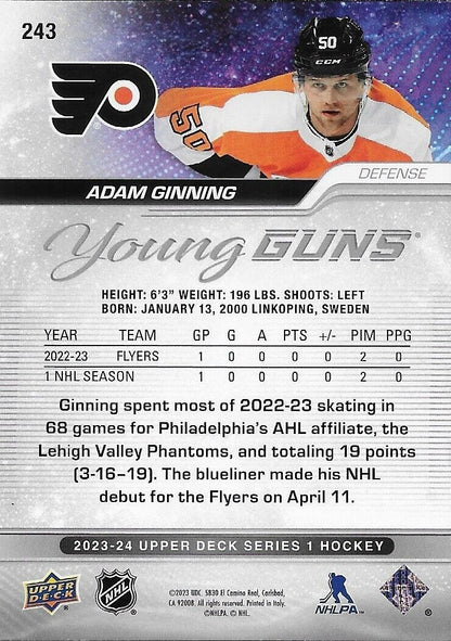 Signed Adam Ginning 2023-24 UD Young Guns Philadelphia Flyers Rookie Card