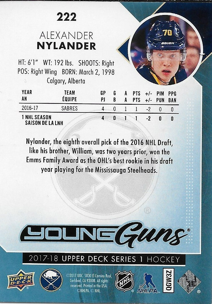 Signed Alexander Nylander 2017-18 UD Buffalo Sabres Young Guns Rookie Card