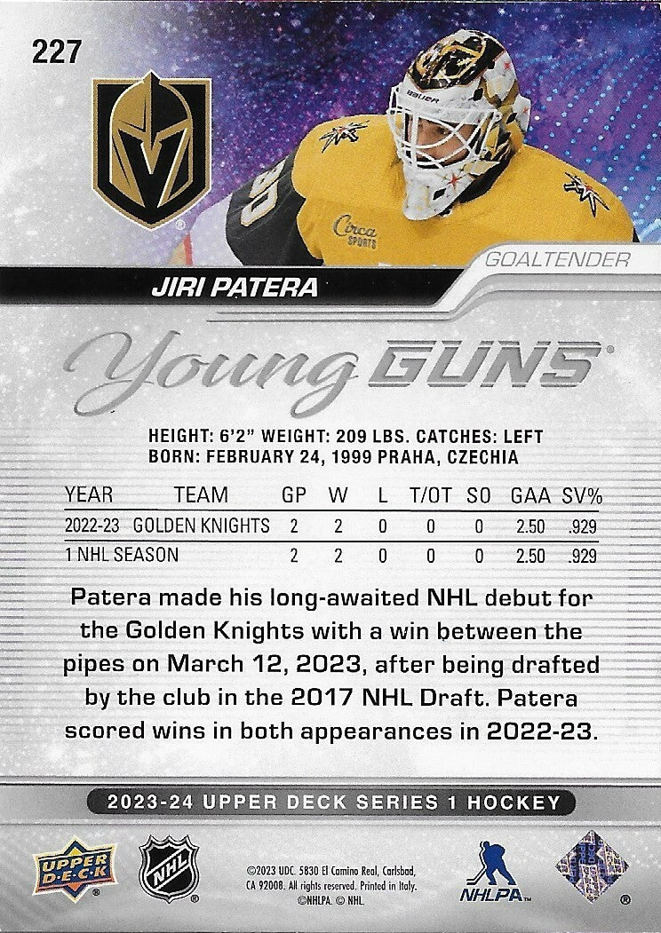 Signed Jiri  Patera Young Guns 2023-24 UD Vegas Golden Knights Rookie Card
