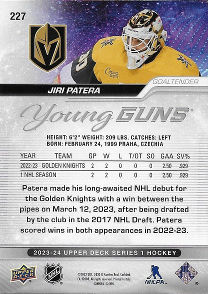 Signed Jiri  Patera Young Guns 2023-24 UD Vegas Golden Knights Rookie Card