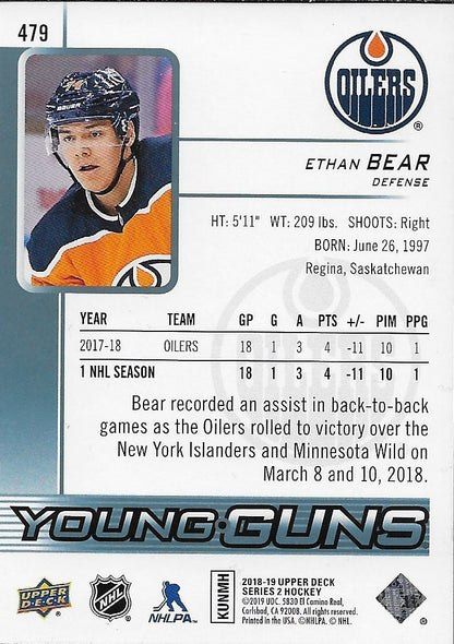 Signed Ethan Bear Young Guns 2018-19 UD Edmonton Oilers Rookie Card