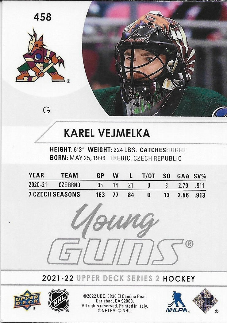 Signed Karel Vejmelka 2021-22 Upper Deck Young Guns Arizona Coyotes Rookie Card
