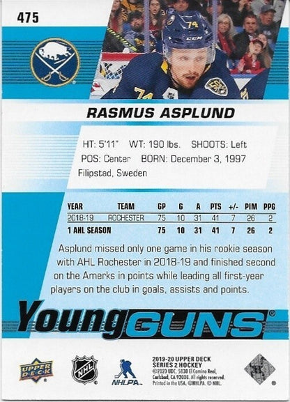 Signed Rasmus Asplund Young Guns 2019-20 UD Buffalo Sabres Rookie Card