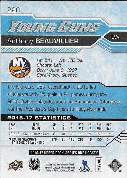 Signed Anthony Beauvillier Young Guns 2016-17 UD New York Islanders Rookie Card