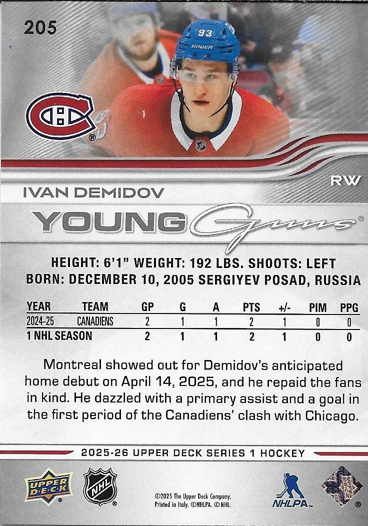 Signed Ivan Demidov Young Guns 25-26 UD Montreal Canadiens Rookie Card Original