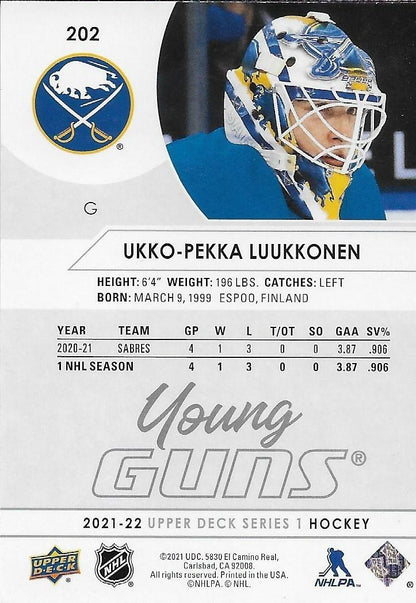 Signed Ukko -Pekka Luukkonen Young Guns 21-22 UD Buffalo Sabres Rookie Card