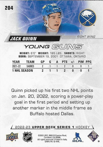 Signed Jack Quinn Young Guns 2022-23 Upper Deck Buffalo Sabres Rookie Card