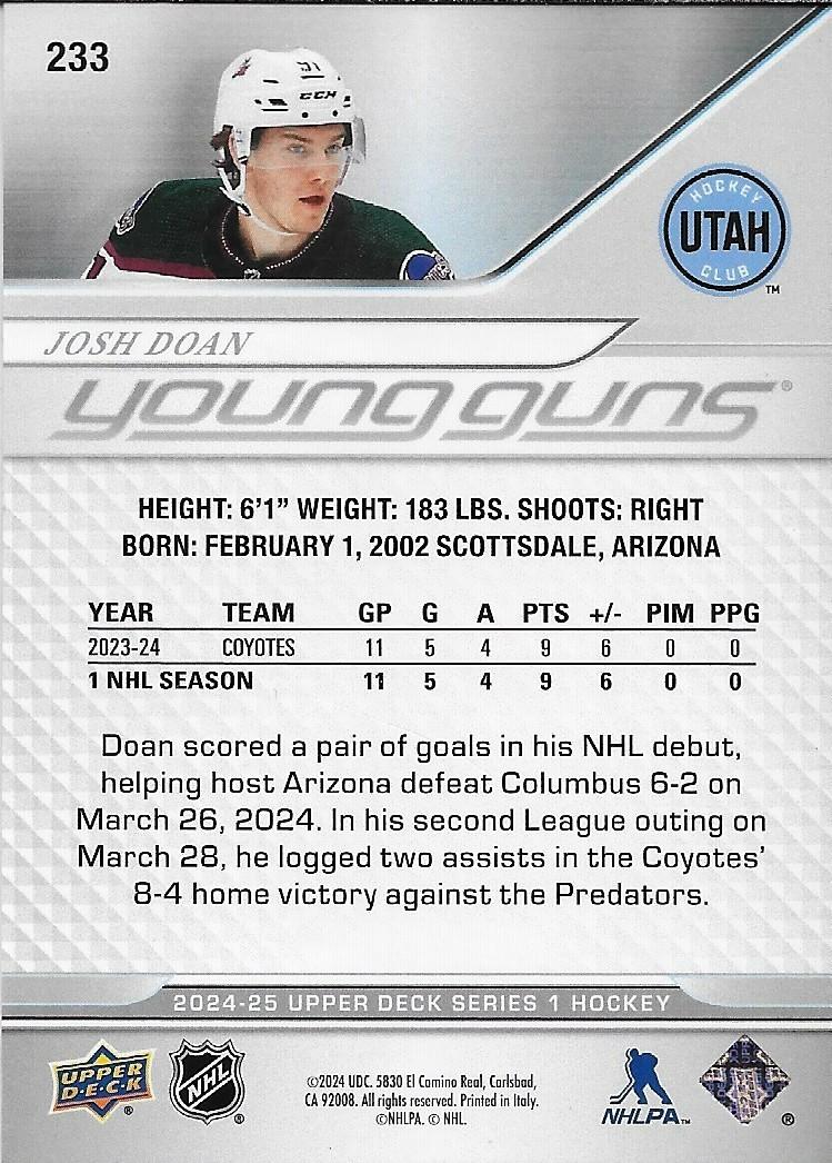Signed Josh Doan Young Guns 2024-25 Upper Deck Arizona Coyotes Rookie Card
