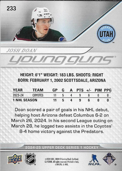 Signed Josh Doan Young Guns 2024-25 Upper Deck Arizona Coyotes Rookie Card