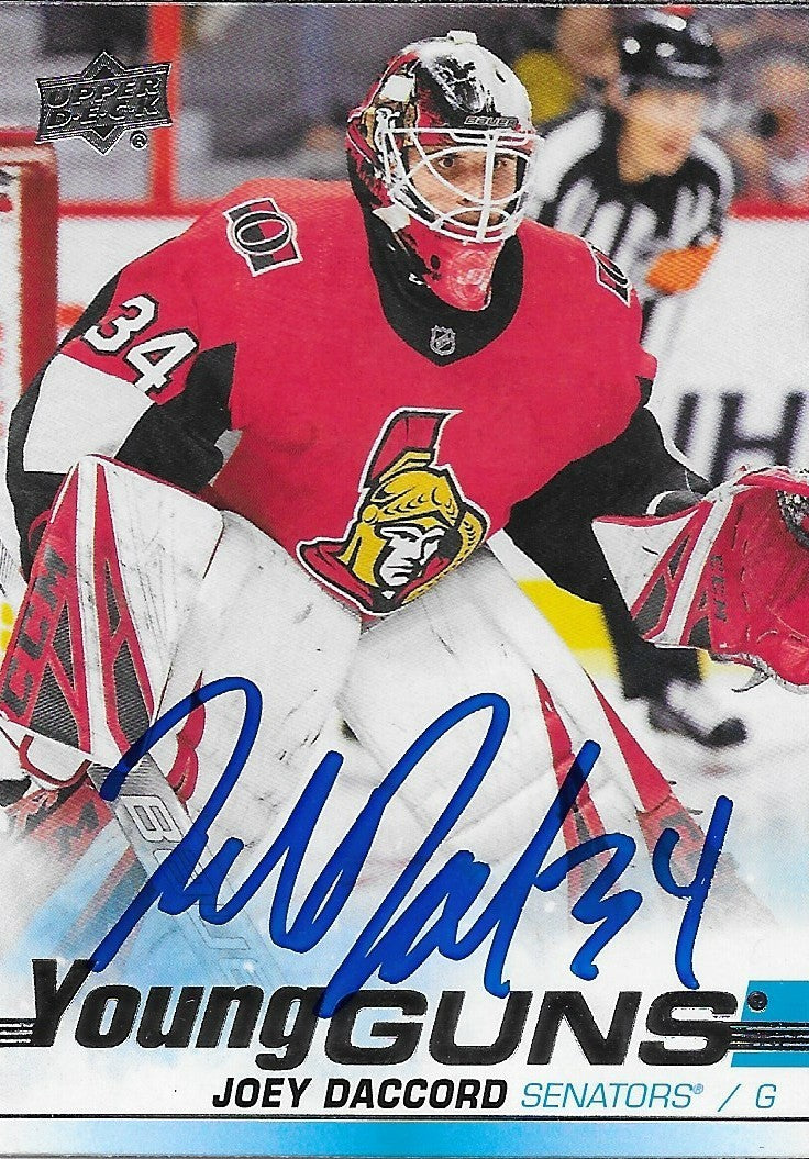 Signed Joey Daccord Young Guns 2019-20 Upper Deck Ottawa Senators Rookie Card