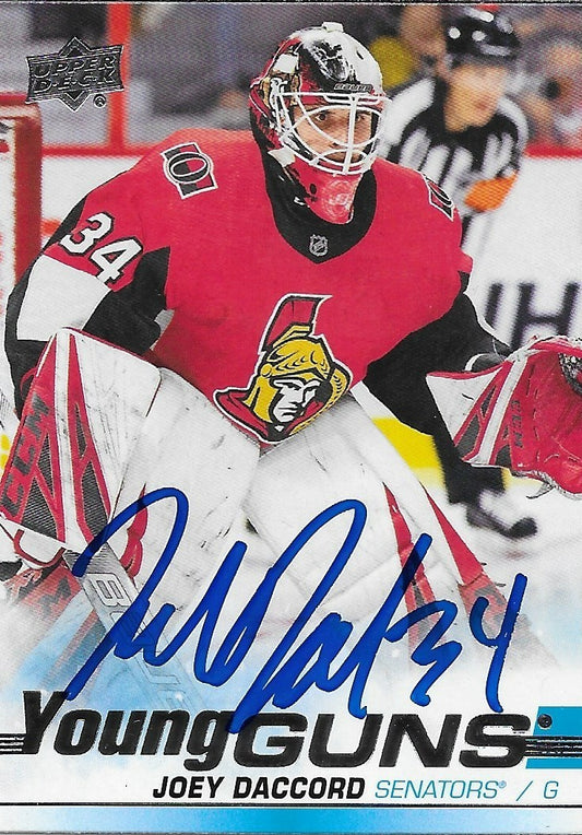 Signed Joey Daccord Young Guns 2019-20 Upper Deck Ottawa Senators Rookie Card