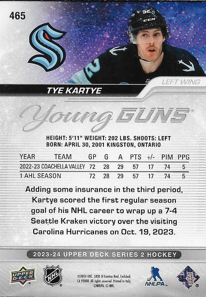 Signed Tye Kartye Young Guns 2023-24 Upper Deck Seattle Kraken Rookie Card