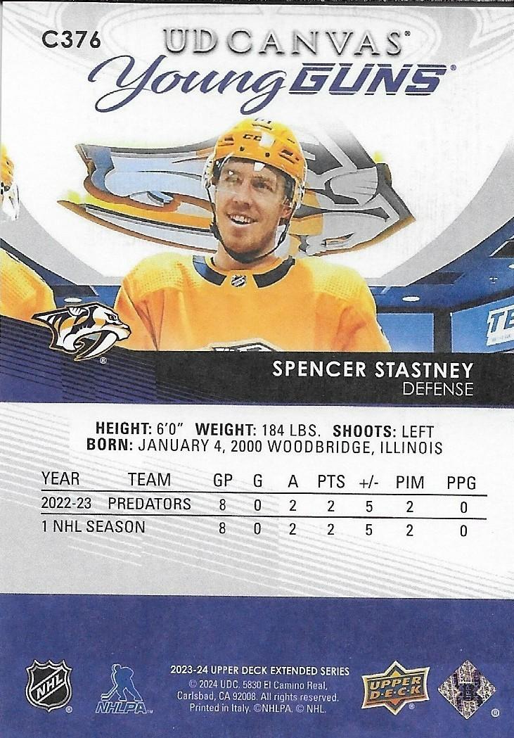 Signed Spencer Stastney Young Guns Canvas 23-24 UD Nashville Predators Rookie Cd