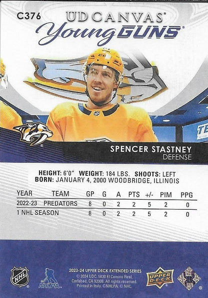 Signed Spencer Stastney Young Guns Canvas 23-24 UD Nashville Predators Rookie Cd