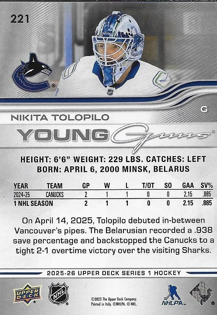 Signed Nikita Tolopilo Young Guns 2025-26 UD Vancouver Canucks Rookie Card