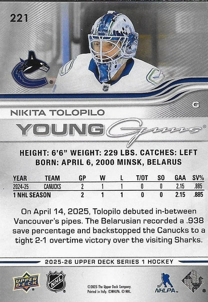 Signed Nikita Tolopilo Young Guns 2025-26 UD Vancouver Canucks Rookie Card