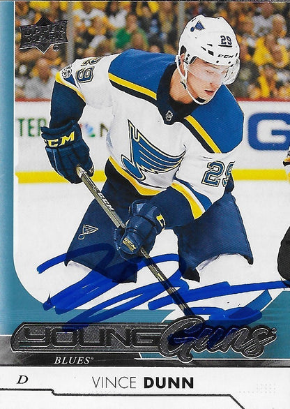 Signed Vince Dunn Young Guns 2017-18 Upper Deck St. Louis Blues Rookie Card
