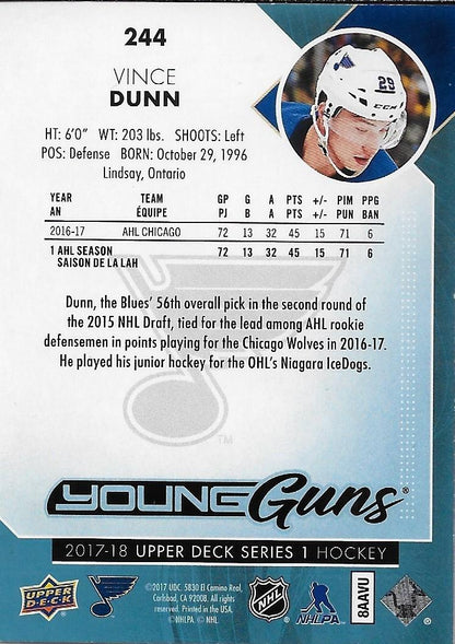Signed Vince Dunn Young Guns 2017-18 Upper Deck St. Louis Blues Rookie Card