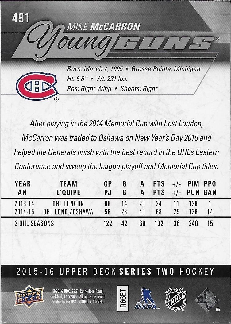 Signed Mike McCarron Young Guns 2015-16 Upper Deck Montreal Canadiens Rookie Crd