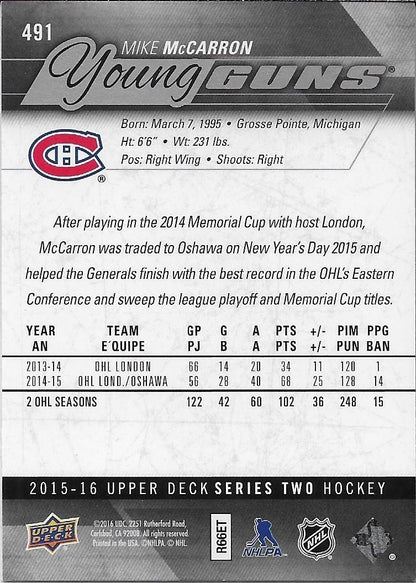 Signed Mike McCarron Young Guns 2015-16 Upper Deck Montreal Canadiens Rookie Crd