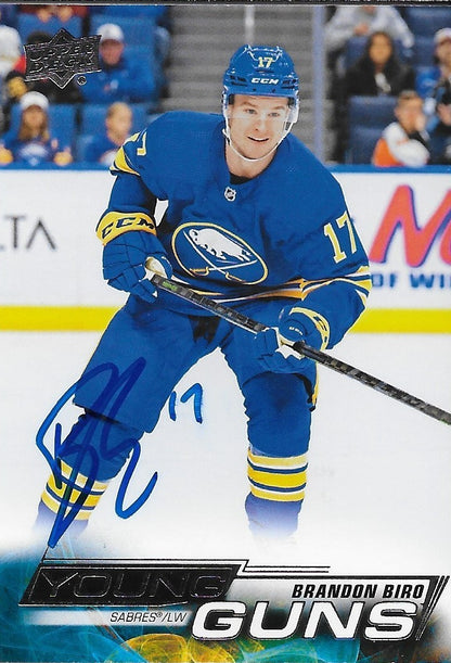 Signed Brandon Biro Young Guns 2022-23 Upper Deck Buffalo Sabres Rookie Card