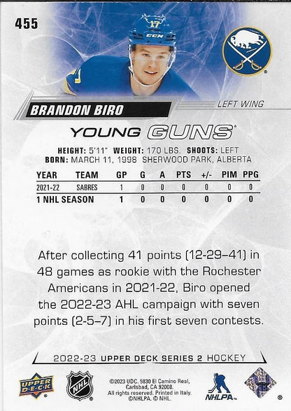 Signed Brandon Biro Young Guns 2022-23 Upper Deck Buffalo Sabres Rookie Card