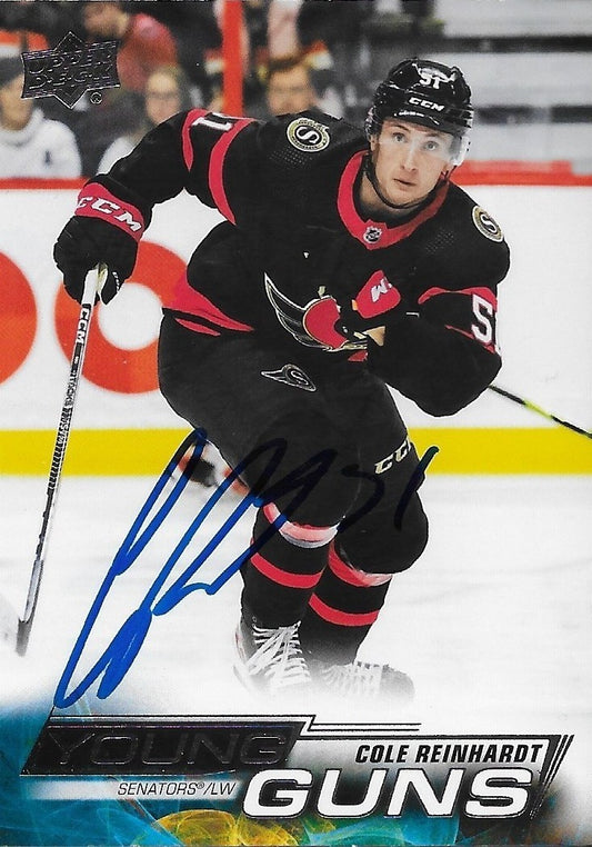 Signed Cole Reinhardt Young Guns 2022-23 Upper Deck Ottawa Senators Rookie Card