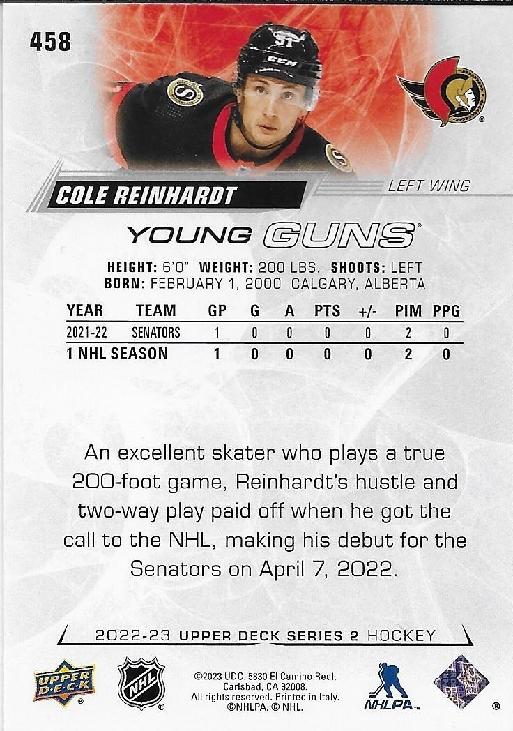 Signed Cole Reinhardt Young Guns 2022-23 Upper Deck Ottawa Senators Rookie Card