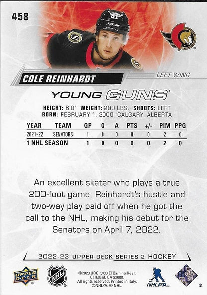 Signed Cole Reinhardt Young Guns 2022-23 Upper Deck Ottawa Senators Rookie Card
