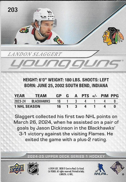 Signed Landon Slaggert Young Guns 2024-25 UD Chicago Blackhawks Rookie Card
