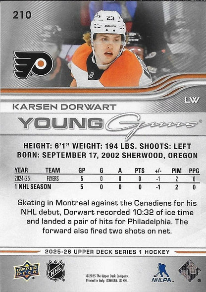Signed Karsen Dorwart 2025-26 UD Young Guns Philadelphia Flyers Rookie Card