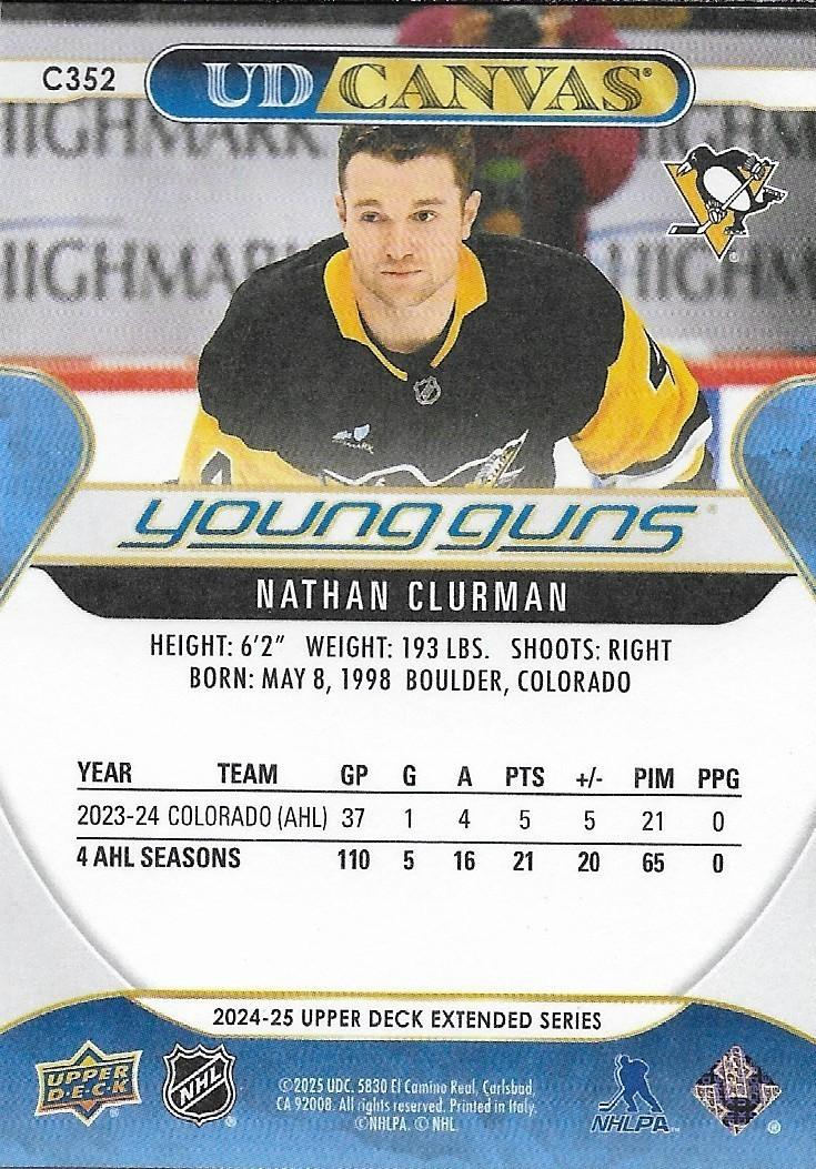 Signed Nathan Clurman 24-25 UD Canvas Young Guns Pittsburgh Penguins Rookie Card