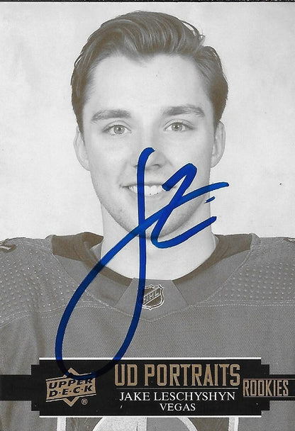 Signed Jake Leschyshyn 21-22 UD Portraits Rookies Vegas Golden Knights Card