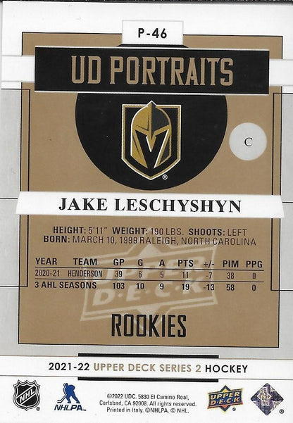 Signed Jake Leschyshyn 21-22 UD Portraits Rookies Vegas Golden Knights Card