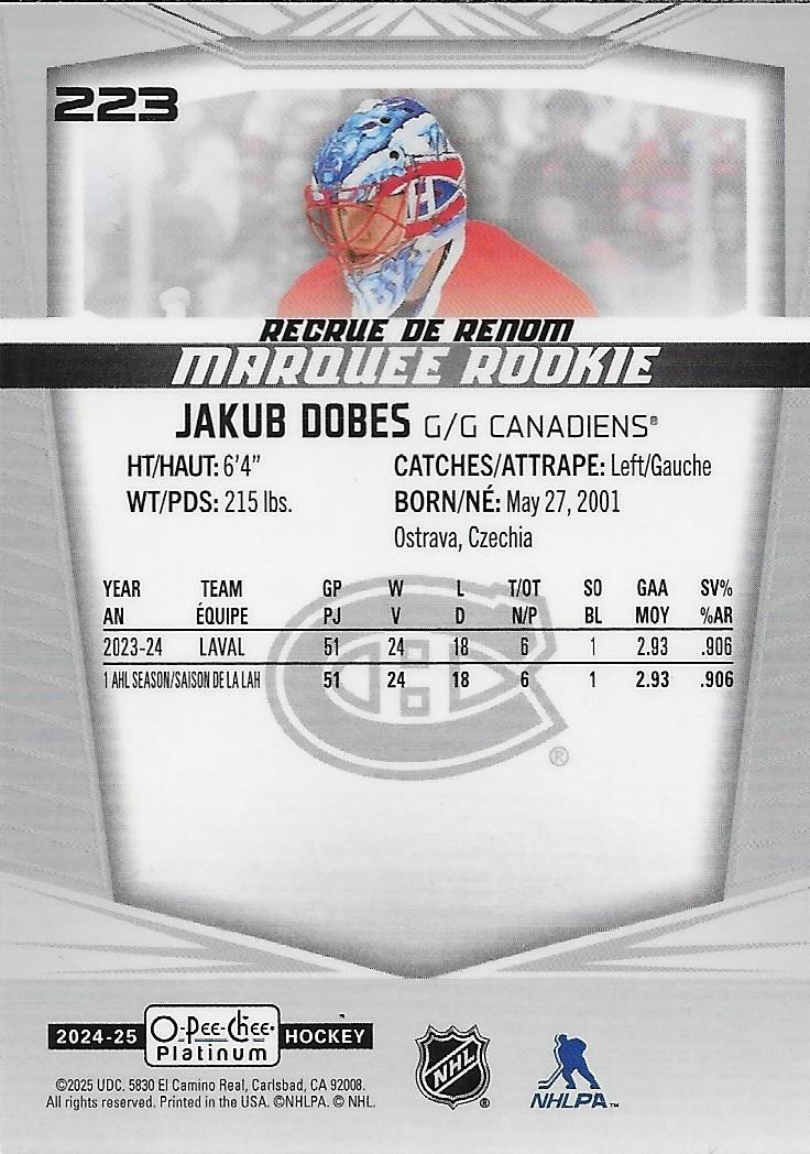 Signed Jakub Dobes O Pee Chee Marquee Montreal Canadiens Card Private Signing